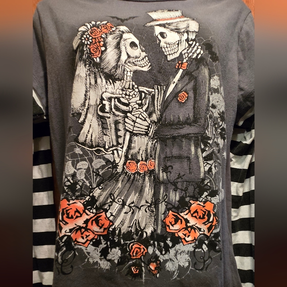 Halloween Skull Gray Wedding T-shirt Jrs SzXL - Picture 4 of 7